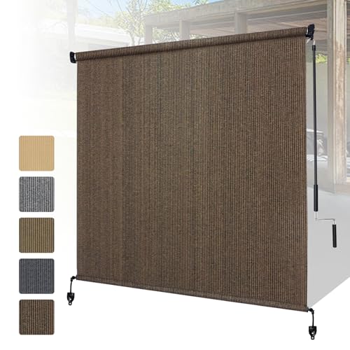 Shade&Beyond Outdoor Roller Shades with Splicing Design, 8' W x 8' H Cordless Patio Roll Up Blinds, Exterior Shade Cloth Roll for Porch, Gazebo, Pergola, Balcony, Mocha