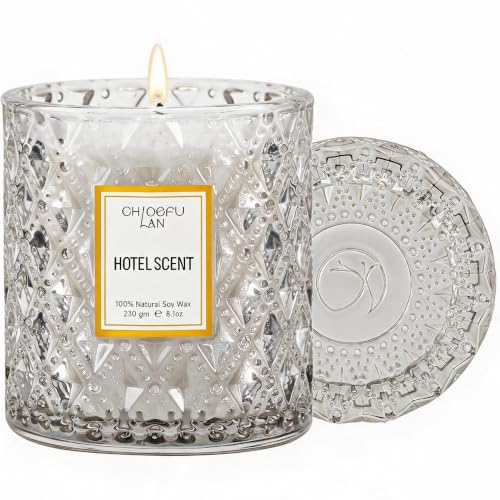 Chloefu LAN Hotel Scented Candle Natural Essential Oil, Luxury Scented Soy Jar Candle Gifts, Highly Scented, 8.1oz, Unique Blend to Promote Sleep & Relieve Stress