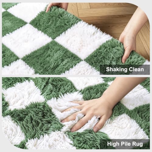Area Rugs for Bedroom Living Room,6x9 Green and White Fluffy Soft Checkered Rug Fuzzy Shag Shaggy Carpet,Indoor Plush Floor Rugs for Teen Dorm Home Decor