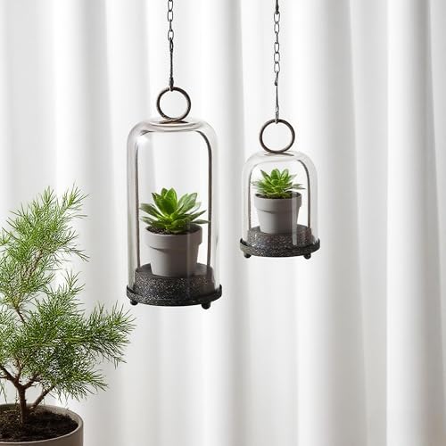 5" & 4" Wide Versatile Metal Candle Holder in Rustic Brown with Handmade Thick, Heavy & Sturdy Glass Dome for Pillar Candle, Industrial, Modern, Shelf, Mantel, Veranda, Porch