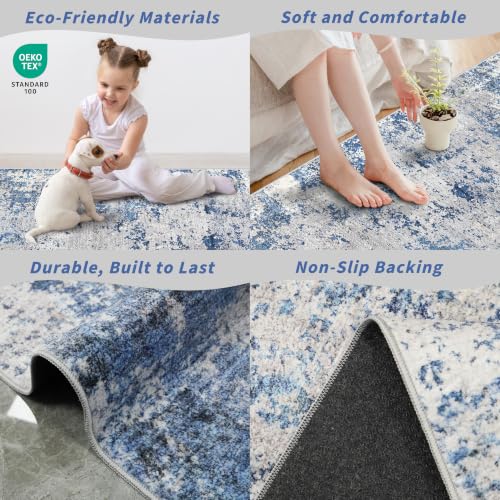 2x8 Washable Non-Slip Hallway Runner Rug – Modern Coastal Abstract Neutral Stain-Resistant Low-Pile Carpet Runner for Kitchen Entryway Bedroom Bathroom (Blue Ivory Grey,2x8)