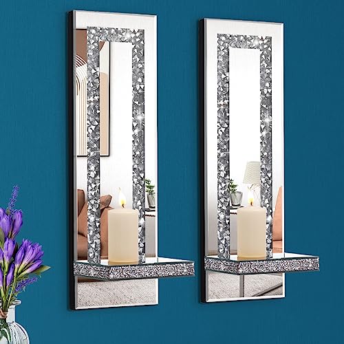 Aeveco Crystal Crush Diamond Mirrored Candle Sconces, Silver Wall Candle Holder Set of 2, Wall Decorations for Living Room,Dining Room (Rectangle Stripe (Style 4))