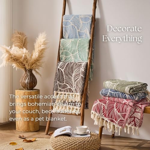 DOWN HOME Chenille Cotton Throw Blanket for Couch, Lightweight Boho Blanket for Bed Sofa Chair Living Room Outdoor Soft Woven Decorative Blanket with Tassel Gift Green Leaves 55"x60"