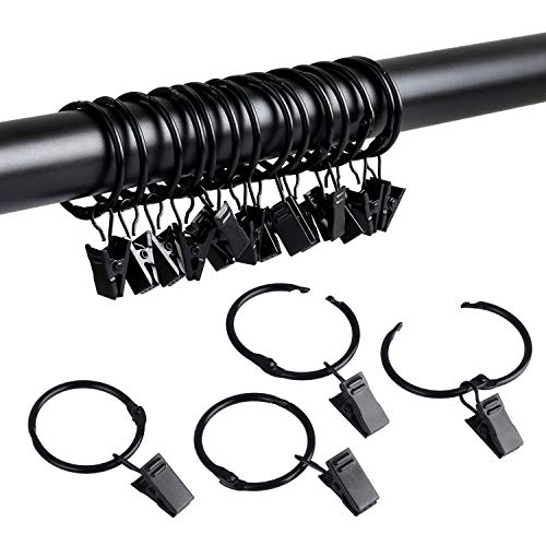 SPLF 36 Pack Metal Openable Curtain Rings with Clips, 1.22 Inch Interior Diameter, Fits up to 1 Inch Rod, Heavy Duty Rustproof Vintage Decorative Drapery Eyelet Curtain Rods Hangers Rings, Black