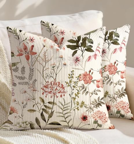 Corduroy Throw Pillow Covers 18x18 - Set of 2 Decorative Spring Pillow Covers with Zipper Farmhouse Decor Cottage Throw Pillowcases for Couch Sofa Living Room Home Bedroom, PK Floral
