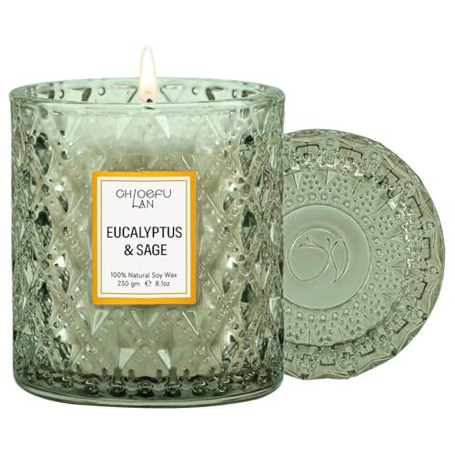 Chloefu LAN Eucalyptus & Sage Scented Candles Luxury Candle with up to 55 Hour Long Lasting, Highly Scented, 100% Soy Wax, 8.1oz, Beautiful Candles, Ideal for Home Decor and Gifts