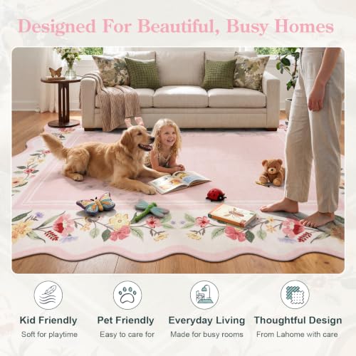 Lahome Girls Bedroom Rug 5x7, Pink Scalloped Floral Area Rug