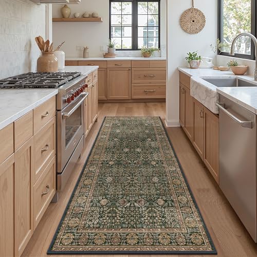 Bavni 2'6''x6 Rug Runners for Hallways, Washable Runner Rug Non Slip, Vintage Floral Print Style Rugs for Bedroom-Lightweight Low Pile Carpet for Hallways Bathroom, Dark Green/Multi
