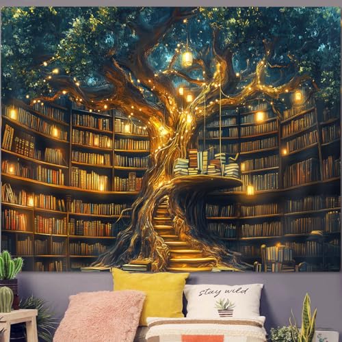 GOAOK Fantasy Library Tapestry For Classroom, Mysterious Tree Magic Bookshelf Aesthetic Tapestries, Witchy Fairytale Tree Vintage Bookshelf Book Art Tapestry Wall Hanging College Room Bedroom, 60"X40"
