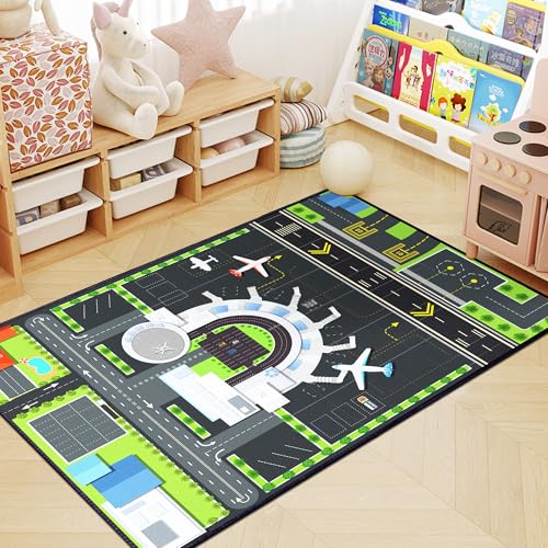 Play Rug for Kids Playroom, 2x3 Airport Carpet with City Road Traffic System and Aircraft Runway, Airport Playmat Airplane Rugs Non-Slip Washable Area Mat for Boys Bedroom