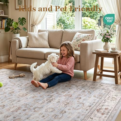 Washable Area Rug 10x12 Non-Slip Floral Carpet, Gray/Light Blue