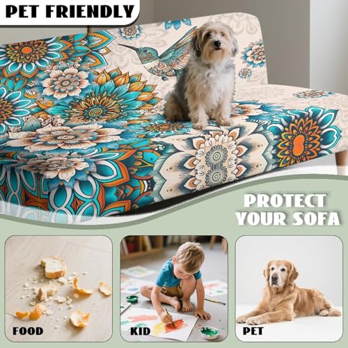 Suobstales Boho Mandala Hummingbird Print Stretch Armless Futon Cover, Futon Mattress Covers Soft Furniture Protector with Elastic Bottom, Foldable Sofa Slipcovers Washable Couch Cover