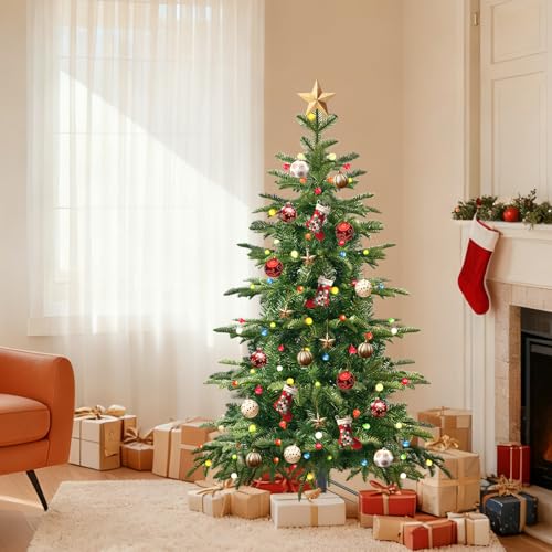QBA 4FT Prelit Christmas Tree, Hinged Christmas Tree with 606 PE&PVC Branches Tips, 90 Multi-Color LED Lights, Foldable Metal Stand, Realistic Artificial Xmas Tree for Home Office Party, Green