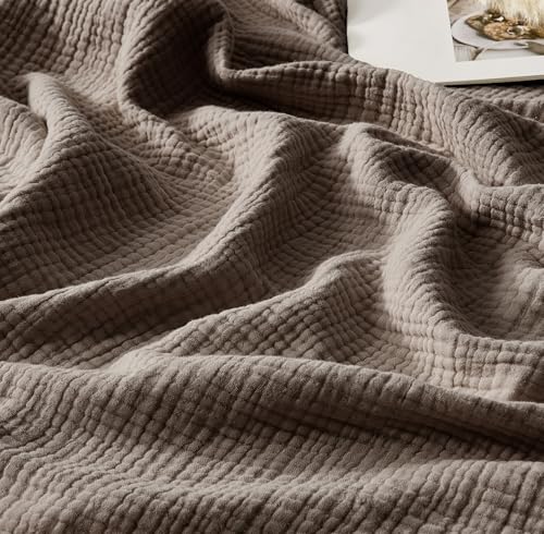 WDCOZY 100% Cotton Muslin Blanket King Size 4-Layer for Bed Breathable Lightweight Soft Large Boho Farmhouse Linen Tassels Ruffle Gauze Blankets 108x90 Inches Brown Mocha Chocolate Coffee Taupe