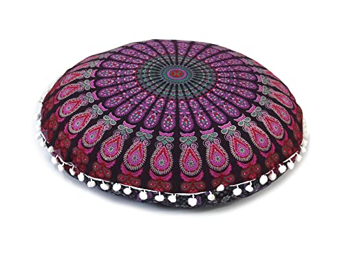 CRAFT KALA Large Hippie Floor Pillow Cover Mandala Meditation Cushion Case Pouf Cover Round Poufs Cover Bohemian Floor Cushion Cover Outdoor Fireplace Yoga Living Room Decor 32" Pink Mirchi