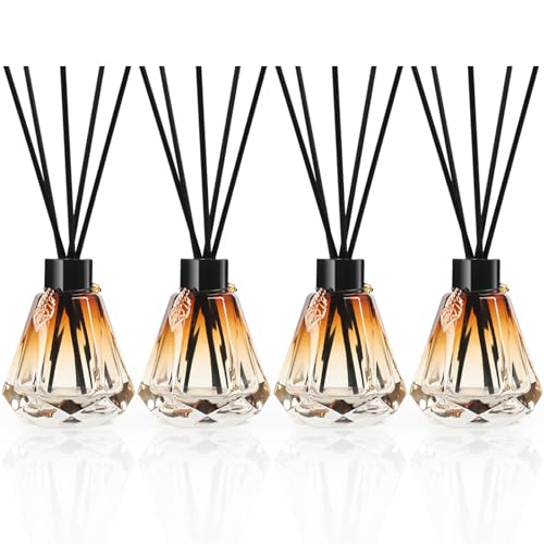 Reed Diffuser Set - 4 Empty Bottles with 20 Sticks, Delicate Gold Leaf Decor, Glass Fragrance Diffuser with Lids for Home, Bathroom | Refillable, Diamond Style (4 PCS Black)
