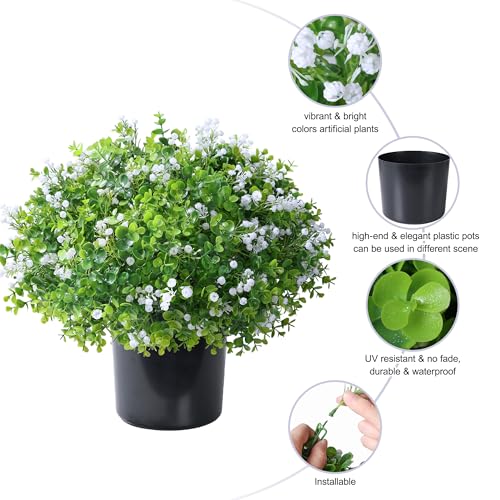 Fake Plants Artificial Flowers for Outdoors Decor, 2 Pack Fake Potted Plants Baby Breath With Green Eucalyptus Look Real UV Resistant Artificial Greenery with Pot for Outside Porch Garden Patio Yard