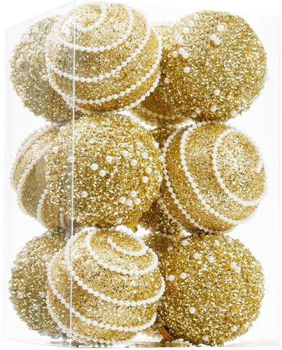 Gold Christmas Ball Ornaments, Christmas Ball Decorations Shatterproof Plastic Hanging Pearl Balls for Holiday Party(70mm/2.76", 12ct)