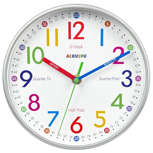 AIRUIFU Wall Clock for Kids Learning Tell Time Easily Non-Ticking Battery Operated Kids Teaching Time Clock- Analog Colorful Clock Decorative for Kids Room Classroom School(8 Inch)