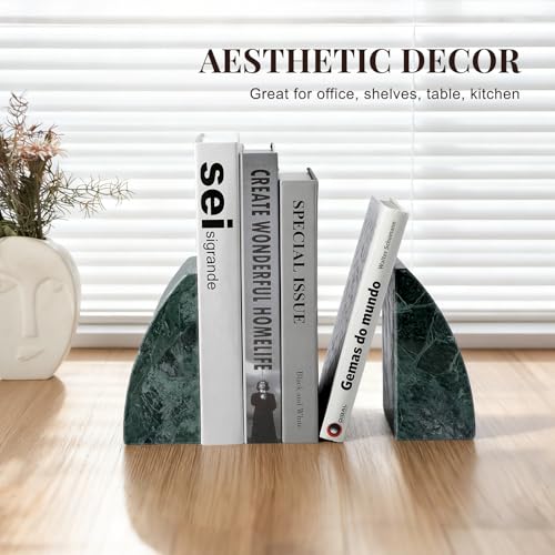 Marble Bookends for Shelves, 8Lbs Large Stone Bookends for Heavy Books, Non-Slip Heavy Duty Book Stopper, Modern Decorative Book Ends for Bookshelf Table Home Decor(Green)