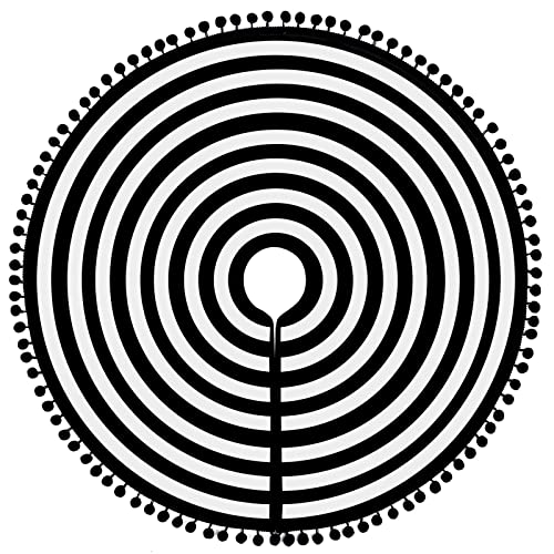 MACTING Christmas Black and White Tree Skirt, 30 Inch Annual Rings Tree Mat with Pom Poms for Xmas Tree Halloween Indoor Home Holiday Party Christmas Decorations