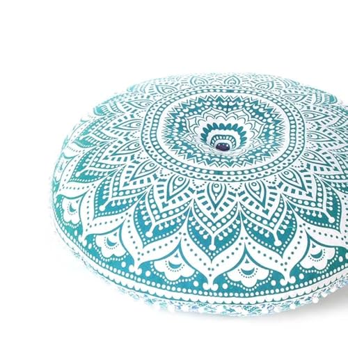 Mandala Floor Pillow Cover Meditation Cushion Seating Throw Hippie Round Colorful Decorative Bohemian Indian Pouf Ottoman Handmade Cover ONLY (Ombre Green Round, 32" x 32")