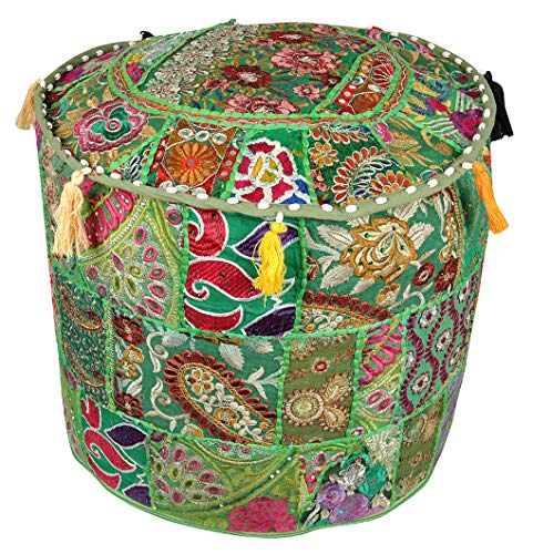 Indian Patchwork Pouf Cover Living Room Pouf, Decorative Ottoman, Embroidered Designer Ottoman, Home Living Footstool Chair Cover, Bohemian Ottoman Pouf Décor (Green)
