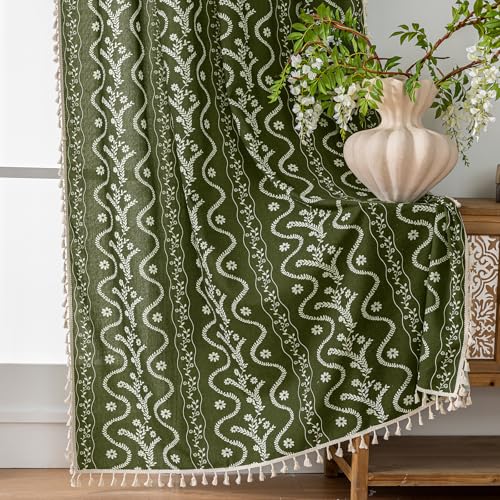 Olive Green Floral Curtains 84 Inch Long for Living Room, Bedroom, 2 Panels Boho Farmhouse Vintage Tassel Semi Sheer Light Filtering Privacy Window Curtains Drapes with Rod Pocket