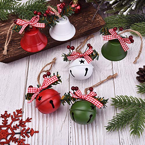 WILLBOND 6 Pieces Christmas Bell Ornaments 2026 Xmas Tree Hanging Decorations Large Size Bells with Star Cutouts Anniversary Bells with Holly Berry for Crafts Holiday Party Favors(Red, White)