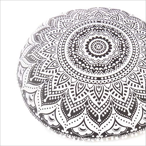 Mandala Floor Pillow Cover Meditation Cushion Seating Throw Hippie Round Colorful Decorative Bohemian Indian Pouf Ottoman Handmade Cover ONLY (Ombre Black, 32" x 32")