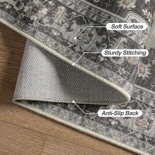 Tangsoo Vintage 4x6 Washable Area Rug for Living Room, Non Slip Rug Grey