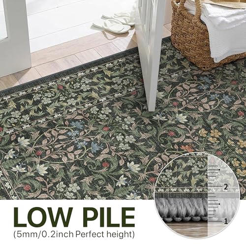 3x5 Washable Area Rug for Living Room, Vintage Floral, Olive Green
