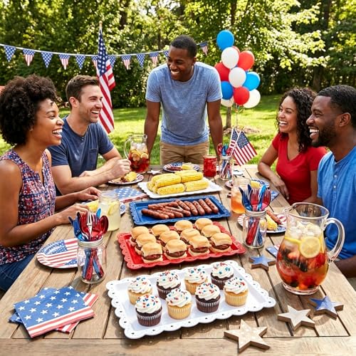 AnyDesign 12Pcs Patriotic Plastic Serving Tray Red Blue White Rectangle Serving Dish 4th of July Dessert Display Tray Platter with Wavy Edge for Independence Day 250th Anniversary Table Decor