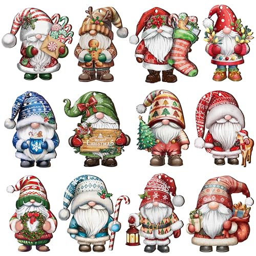 24 Pcs Vintage Christmas Gnome Ornaments - Wooden Gnome Hanging Decorations for Home Xmas Party Decors, Holiday Party Supplies