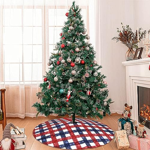 July 4th Patriotic American Flag Plaid Red Blue White 36 Inch Christmas Tree Skirt Carpet Mat Funny Party Decor Supplies for Xmas Halloween Decorations Occasion Ornament