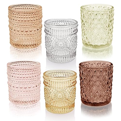 12 pcs Glass Votive Candle Holders, 6 Colors 3 Patterns Tealight Candle Holders for Fall Wedding Table Centerpiece Birthday Decoration