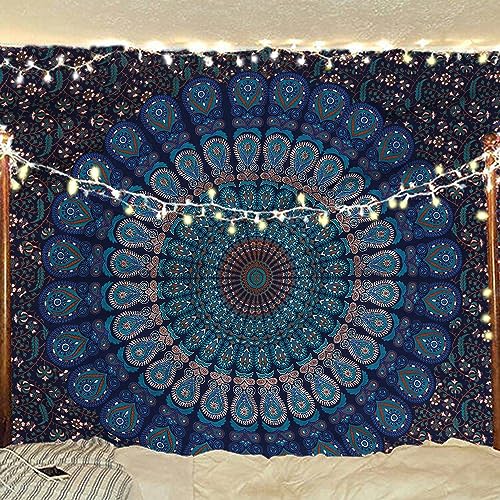 Bless International Handmade Indian hippie Bohemian Psychedelic Peacock Mandala Wall hanging College Dorm Beach Throws Table Cloth Bedding Tapestry (Blue Green, Medium(54x60Inches)(137x152cms))
