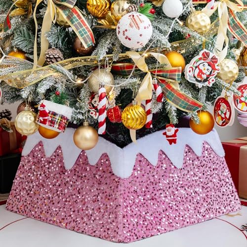 Christmas Tree Collar 24 inch Sequin Tree Skirt, Xmas Tree Square Stand Base Cover for Christmas Artificial Tree Holiday Home Decor, Snow Mountain, Pink