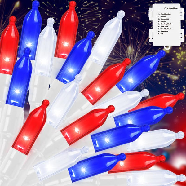 LAMPHOME 50 LED Outdoor Red White Blue Patriotic Lights, 16 FT Mini String Light with 9 Modes & 6 Hour Timer, Waterproof Battery Operated for Independence Day Holiday Memorial Day Party Decor