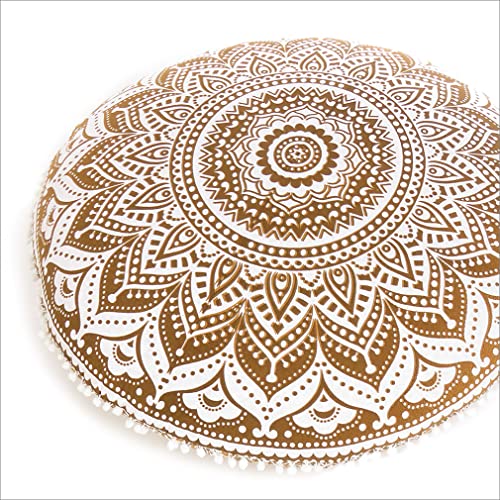 32" Brown White Floor Meditation Pillow Cushion Seating Throw Cover Hippie Mandala Round Colorful Decorative Bohemian Accent Indian Boho Chic Dog Bed Handmade Cover ONLY