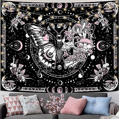 Fungarth Skeleton Butterfly Tapestry Pink Skull Hippie Mushroom Plants Tapestry for Bedroom Moon phase Aesthetic Tapestries Wall Hanging for Living Room Dorm (Pink, 48” x 36”)