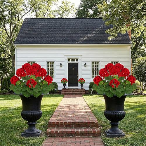 FOREST PRINCE 2 PCS 18" Artificial Geraniums for Outdoors, UV Resistant Red Silk Flowers for Window Box Porch Patio Garden Decor, Waterproof Ruby Red