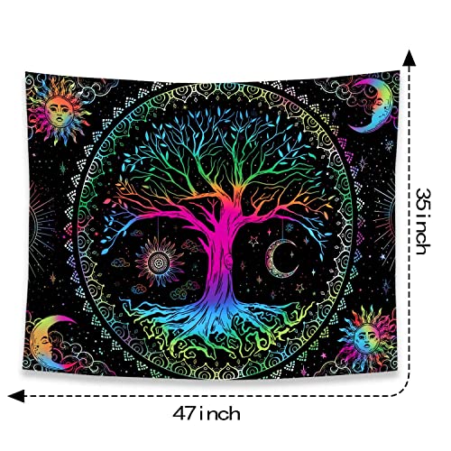 Kanuyee Tree of Life Wall Tapestry - Yin and Yang Sun Moon Star Galaxy Mandala - Black Aesthetic for Room Decor (35''H 47''W)