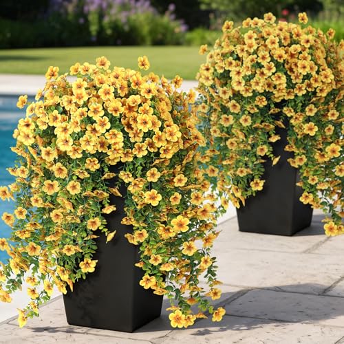 VIERENA 4 Bundles Artificial Hanging Morning Glory Flowers for Outdoor, Realistic Hanging Flowers Silk Fake Morning Glory with Faux Eucalyptus for Yard Garden Porch Patio Balcony Home Decor (Yellow)