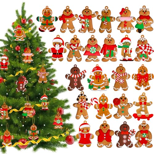 24Pcs Gingerbread Man Ornaments for Christmas Tree Decorations Mini Gingerbread Hanging Charms Decorative Hanging Ornaments Christmas House Decor Xmas Holiday Indoor Decorations