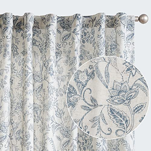 Lazzzy Linen Curtains Farmhouse Blue Floral Print 84 Inches Long Back Tab Drapes for Living Room Bedroom Semi Sheer Patterned Country Vintage 2 Panels Set Rod Pocket Blue on Beige