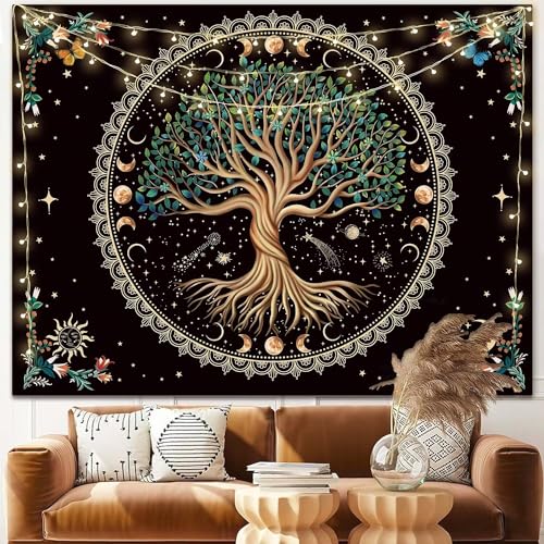 Moon Phase Tree of Life Tapestry Nature Flower Plant Butterfly Tapestries Boho Mandala Spiritual Tapestry Aesthetic Wall Hanging for Home Decor Bedroom Living Room Dorm Decor (35.44" x 47.25", Blue)
