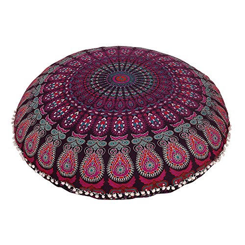 Large 32" Round Pillow Cover, Decorative Mandala Pillow Sham, Indian Bohemian Ottoman Poufs, Pom Pom Pillow Cases, Outdoor Cushion Cover,