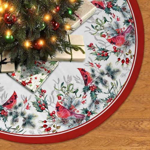 Christmas Tree Skirt 48Inches Winter Cardinal Birds Xmas Tree Skirt, Red Poinsettia Floral Holly Leaves Christmas Tree Mat for Home Party Holiday Indoor Outdoor Decorations (Red, 48in)