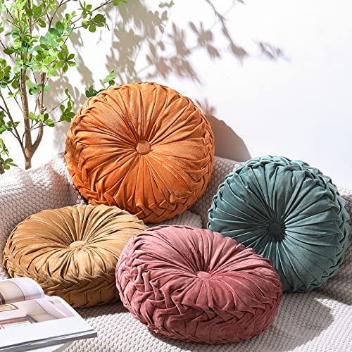 Kathfly 4 Pcs Decorative Round Pleated Throw Pillows, Classy Velvet Pumpkin Round Throw Pillows, Decorative Floor Pillow for Bed Chair Home Sofa Decor, 14" Diameter (Orange,Yellow,Pink,Green)